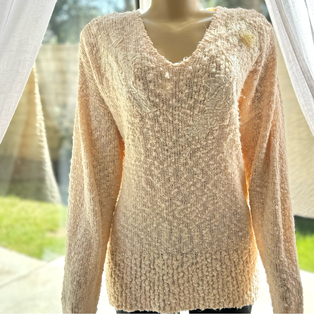 1990s Vintage Oriana Italia Blush Knit Sweater Size S Small Beaded - Picture 3 of 8